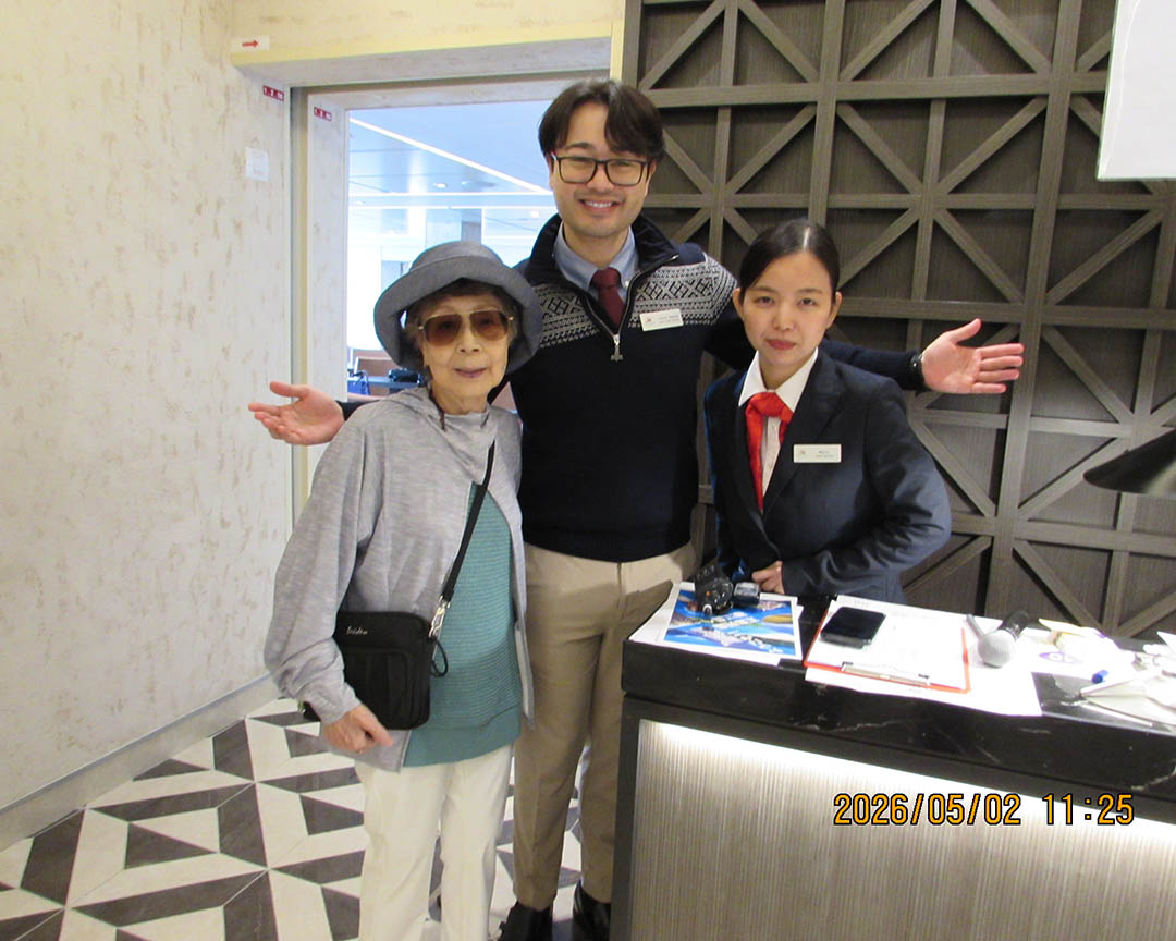Near the lobby, waiting to go ashore at Fukue Port