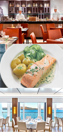 船内レストランとサーモン料理のモザイク画像